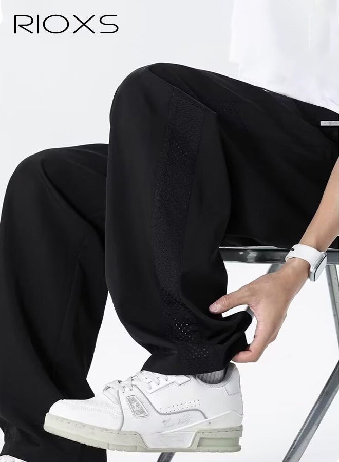 RIOXS Men's Ice-Silk Straight-Leg Pants, Lightweight and Cool Summer Casual Pants with Drawstring, Elastic Waistband, Breathable Mesh Panels, Relaxed Fit, Soft and Stylish Athletic Pants, Versatile for Everyday Casual Wear, Black - Image 2